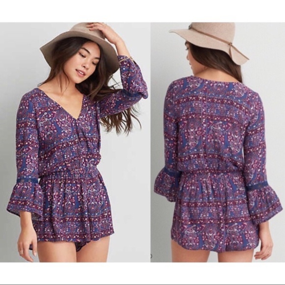 American Eagle Floral Purple Bohemian Romper
